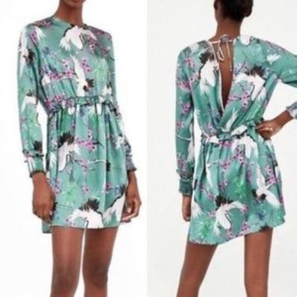 Zara Green Silky Cherry Blossom Heron Crane Dress Size Large U0416 - Picture 1 of 8